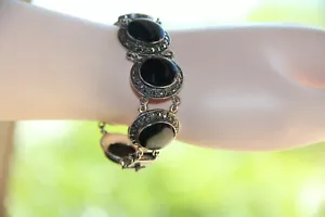 Vintage Sterling Silver, Onyx, Marcasite Bracelet. Gorgeous - Picture 1 of 12