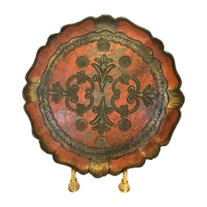 Vintage Florentiner Holz Teller Orange Grün Gold Tole Farbe Made in Italy 9" Lesen! - Bild 1 von 6