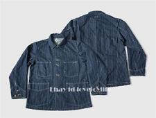 Retro 1930's Washable Chore Jacket Vintage Mens Railroad Stripe Denim Coat Blue