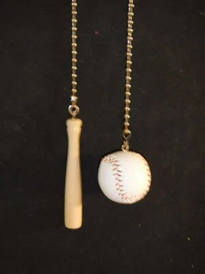 Baseball Ceiling Fan Pull Chain set on silver (Chrome) chains Wood Bat - Picture 1 of 2