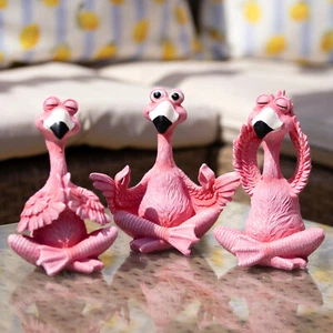 Set Of 3 Yoga Flamingo Garden Ornaments Pink Resin Meditating Bird Sculptures - Picture 1 of 3
