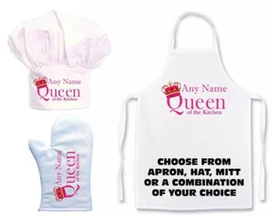 PERSONALISED QUEEN OF THE KITCHEN APRON,CHEFS HAT, OVEN MITT SINGLE / CREATE SET - Picture 1 of 7