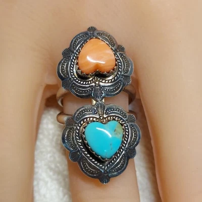 Sz 6.5 Q.T Sterling Silver Native Double Heart Turquoise Spiny Oyster Love Ring  - Image 1 of 4