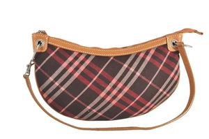 Authentic BURBERRY BLUE LABEL Check Hand Bag Pouch Canvas Leather Brown 9175M - Photo 1/10