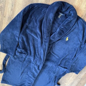Polo RALPH LAUREN Tuxedo Collar Robe, Plush, Size L/XL - Blue w Yellow Pony - Picture 1 of 6