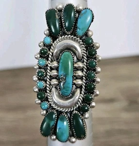 Vintage Zuni JULIE O LAHI Turquoise Cluster Sterling Silver Ring Size 10.5 - Picture 1 of 7