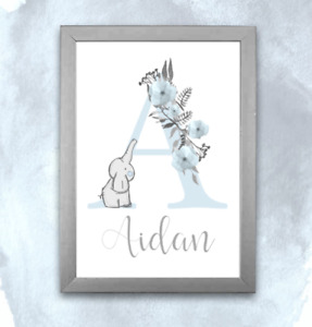Personalised A4 Initial Alphabet Print Elephant Baby Child - Pink or Blue