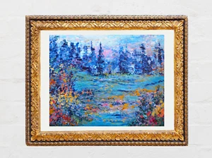 Abstract Lake Landscape Colorful Flowers Fine Art Print of Painting 8x10 - Picture 1 of 3