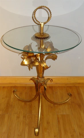 MidCentury Hollywood Regency Italian Gold Tole Lilies Glass Top Cocktail Table Cover
