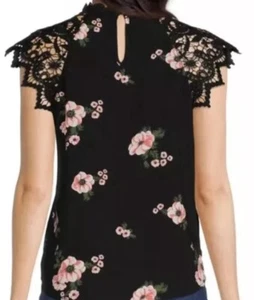 Juniors Black Floral No Boundaries Crochet Sleeve Print Top size Xl - Picture 1 of 12