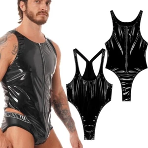 Mens Patent Leather Bodysuit Wrestling Single Jumpsuit Wet Look High Cut Leotard - Picture 1 of 17