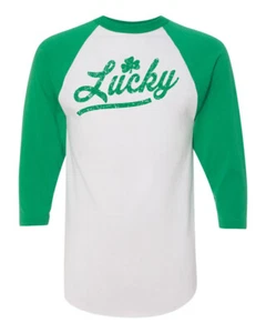 St Patrick Day Pat's Distressed LUCKY Raglan Sleeve Tee 1582 - Picture 1 of 2
