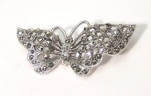 Butterfly Brooch Pin Sterling Silver Oxidized Marcasite 8.8 grams - Foto 1 di 5