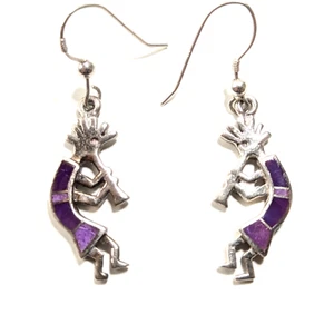 Sterling Silver - Kokopelli Purple Sugilite Inlay Drop Dangle Earrings 5.79g - Picture 1 of 10