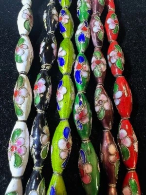 Pair Vintage Chinese Cloisonne Enamel Beads Long Tapered Tube Flowers 20mm x 7mm - Image 1 of 4