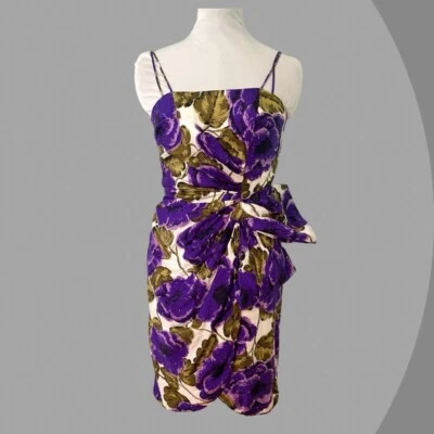Vestido de fiesta vintage años 50 Wiggle años 50 seda púrpura verde floral con lazo Foto 1 de 4
