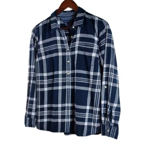 Tommy Hilfiger Womens Blue Plaid 1/4 Button Pullover Roll Tab Sleeve Top M 2023 - Picture 1 of 10