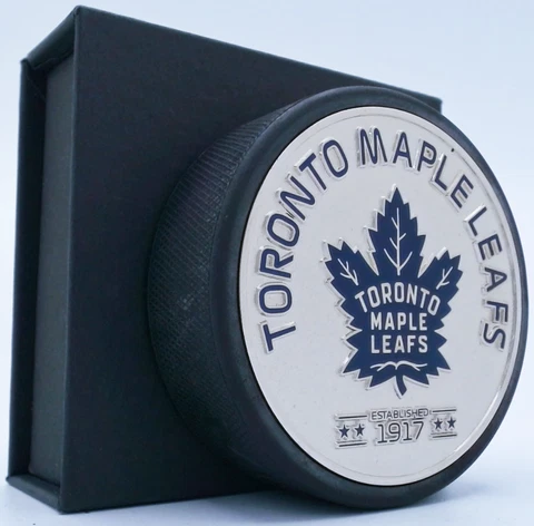 Toronto Maple Leafs 3-D Engraved Hand-Painted Silver Medallion Puck w/Gift Box Cover