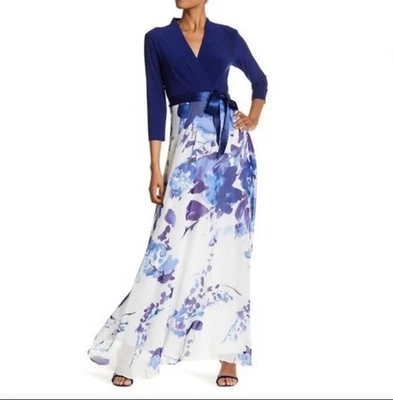 New Chetta B Maxi Dress 6 / 8 Watercolor Floral Navy Blue Winter White Gown NWT - Image 1 of 4