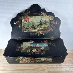 Antique c. 1880 Papier Mache Wall Rack BlacLidded Storage Box For Mail / Gloves - Picture 1 of 13