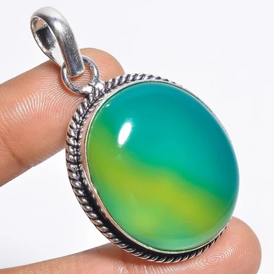Colgante de plata hecho a mano vintage de piedras preciosas de calcedonia verde 2" PW-168 Foto 1 de 4