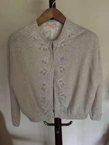 Vintage 60s Beaded Embroidered Mod Flower Ivory Wool Cardigan Sweater L - Picture 1 of 12