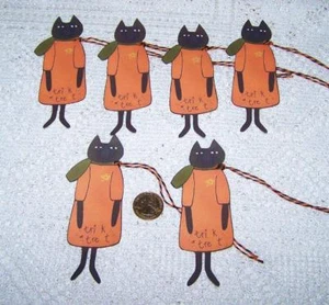 6-Halloween-Primitive-Cat-Kitty-Fall-Fussy Cut-Linen Cardstock-Gift-Hang-Tags - Picture 1 of 1