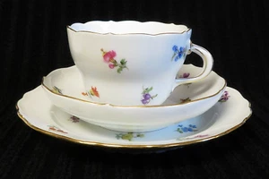 Meissen Scattered Flowers Porcelain Cup & Saucer with Plate Blue Swords marked - Picture 1 of 5