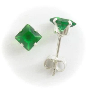 4mm Square Cubic Zirconia Post Earrings Emerald Simulant in Sterling Silver - Picture 1 of 6
