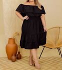 Plus Size Frenchy Off Shoulder Ruffle Hem Black Midi Dress ( One Size Plus )