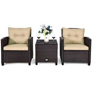 Patiojoy 3PCS Rattan Furniture Set Wicker Cushioned Conversation Sofa Table Set - Picture 1 of 6