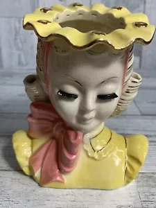 Yellow 6" BARBARA lady vtg Planter head vase flowers Pink ribbon bow - Picture 1 of 10