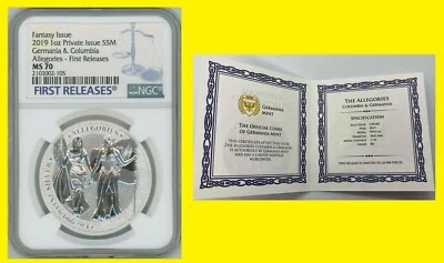 2019 1 oz Silver Allegories Germania & Columbia Medal NGC MS70 First Releases - Image 1 of 4