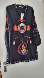 BNWT Zara Black Embroidered Long Sleeve Short Dress kaftan cover up Size small S - Picture 1 of 11