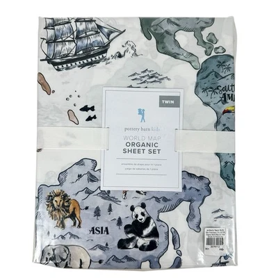 NEW Pottery Barn Kids World Map Twin Organic Cotton Sheet Set Flat Fitted Pillow - Image 1 of 4