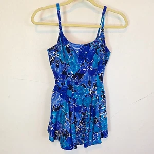 Maxine Of Hollywood Womens Sz 16 Bathing Suit Blue Floral Skirt Open Back  - Picture 1 of 6
