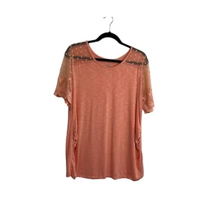 Liz Lange Pink Peach Sheer Floral Short Sleeve Top Blouse Womens Size L - Picture 1 of 11