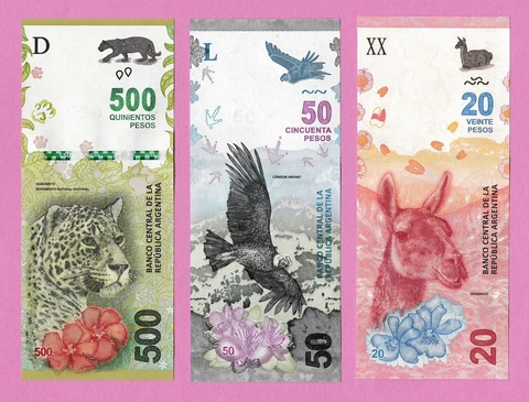 Argentina 20-50-500 Pesos (3 Pcs Set) P-New -llama Condor Yaguarete UNCIRCULATED Cover