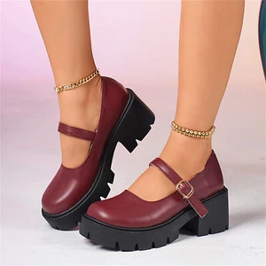 Damen Plateau Blockabsatz Mary Jane Runde Form Fesselriemen Schnalle Abendschuhe - Bild 1 von 12