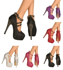 ZAPATOS DE SALÓN DE MUJER DE PLATAFORMA DIAMANTE BRILLANTE TACONES ALTOS TALLAS 3-10 - Imagen 1 de 17