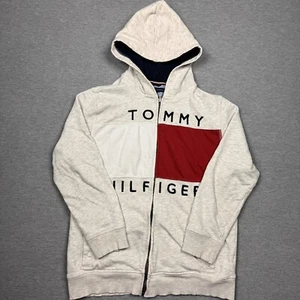 tommy hilfiger boys full zip hoodie front flag spellout FLAWS sticky zipper spot - Picture 1 of 10