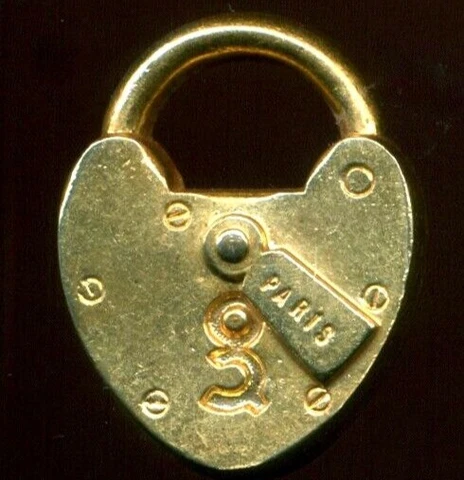 Brass Padlock Realistic Verbal Object Vintage Button "PARIS"  1&3/16" Cover