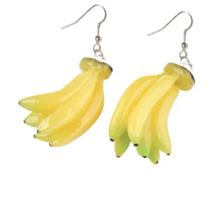 Retro 3D BANANA BUNCH Funky EARRINGS Tropical Island Fruit Charm Novelty Jewelry - Picture 1 of 2