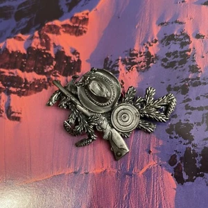 Vintage Brooch Hunting Rifle Cowboy Hat  Leaves On Branch Fedora Or Lapel Pin - Picture 1 of 6