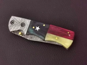 DAMASCUS STEEL CUSTOM MADE POCKET FOLDING KNIFE WOOD HANDLE W/SHEATH K654 - Picture 1 of 8