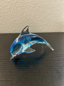 Dolphin Art Glass Paperweight Figurine Hand Blown Cobalt Blue Clear 6” - Picture 1 of 5