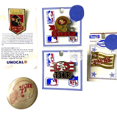 SF 49ers 5 复古 NFL 搪瓷帽翻领胸针纽扣套装头盔 B2B 超级碗 Unocal — 第 1/4 张图片