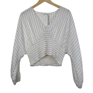 AVEC LES FILLES Stripe V-Neck Smocked Cropped Top Size L NWT $79 - Picture 1 of 8