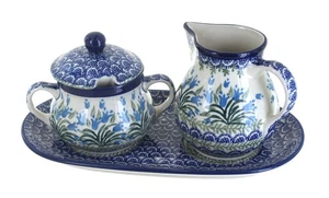 Blue Rose Polish Pottery Tulip Bouquet Large Cream & Sugar Set with Tray - Picture 1 of 1