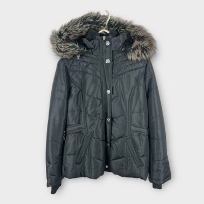 Women's Weather Tamer Medium Black Faux Detachable Fur Hood Puffer Jacker - Image 1 of 4